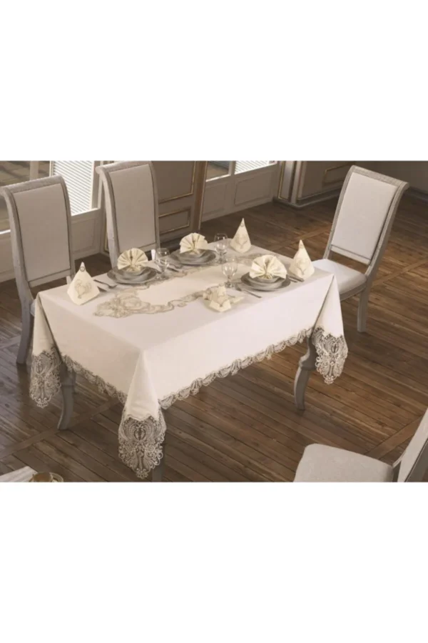 French Lace Tablecloth Set 18 Pieces, Ecru Silver - Image 3