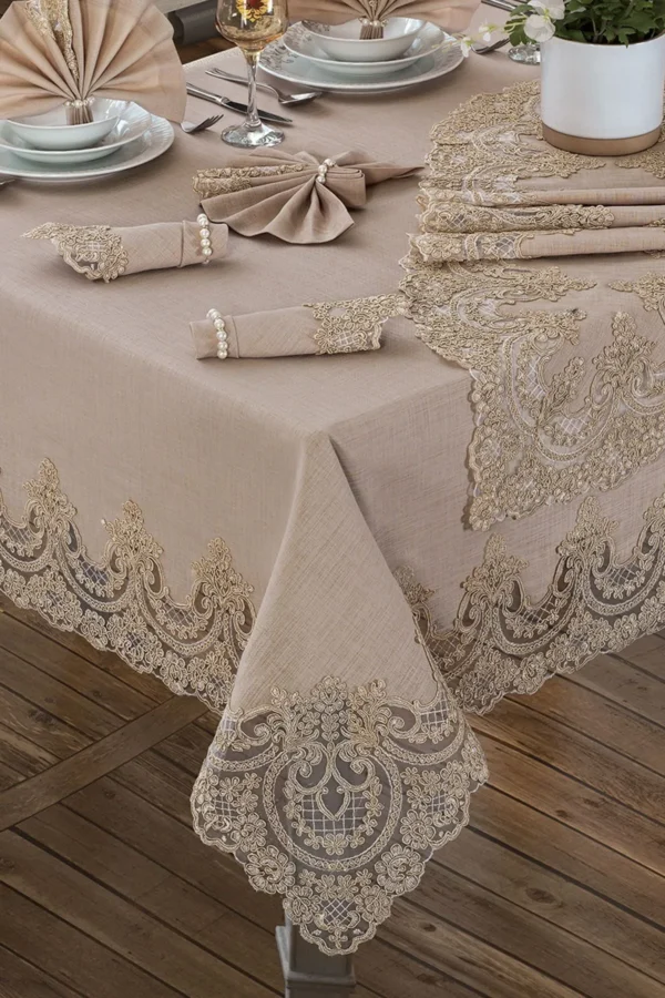 Beige Linen Tablecloth Set 18 Pieces – 8-Person Elegance and Sophistication - Image 4