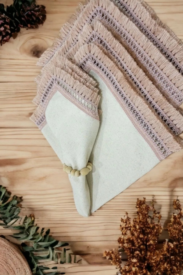 Organic Raw Linen Napkin Set with Wooden Rings