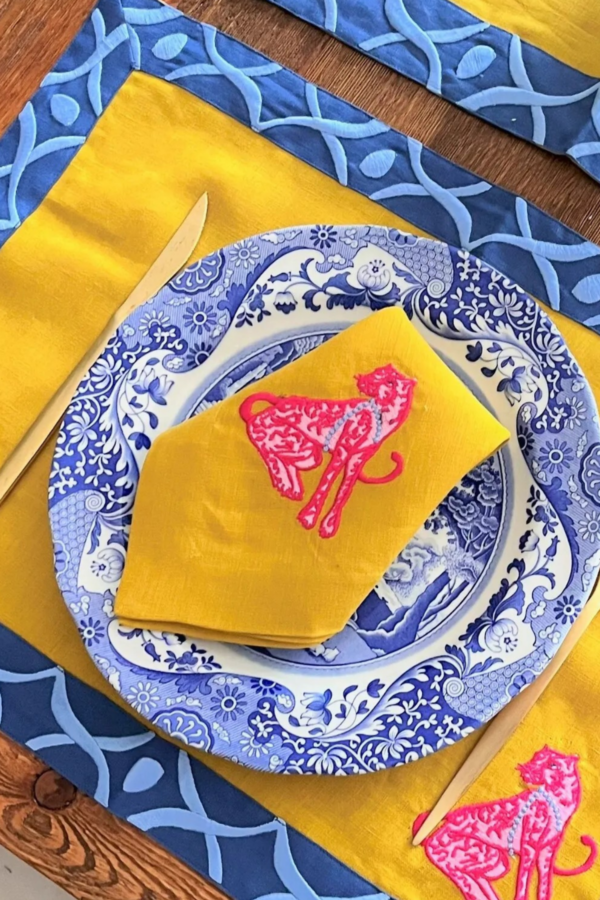 Pink Panther Patterned Yellow Linen Napkin