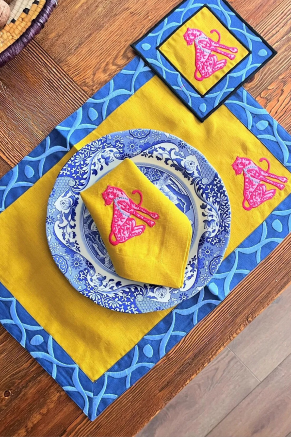 Pink Panther Patterned Yellow Linen Napkin - Image 3