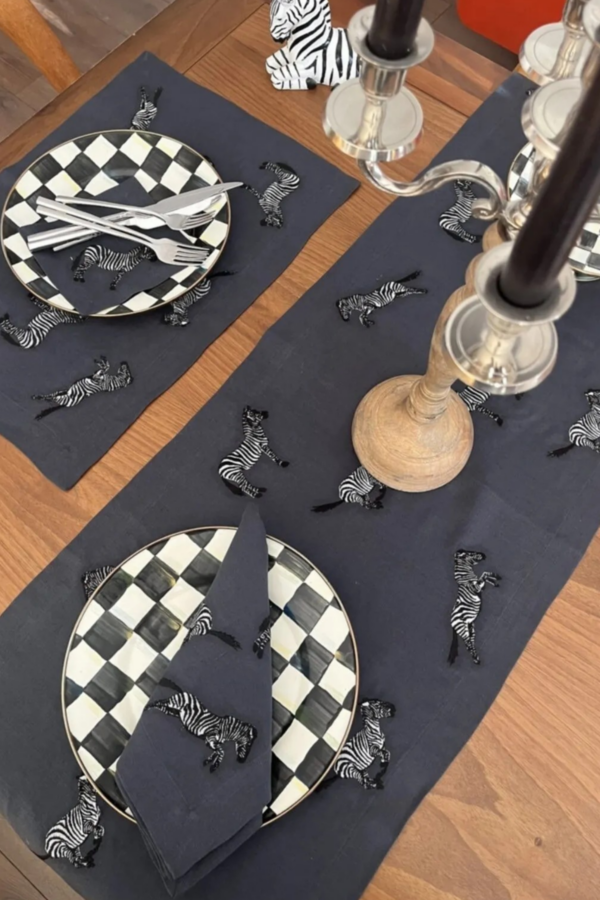 Anthracite Runner - Zebra Embroidered Linen Table Runner