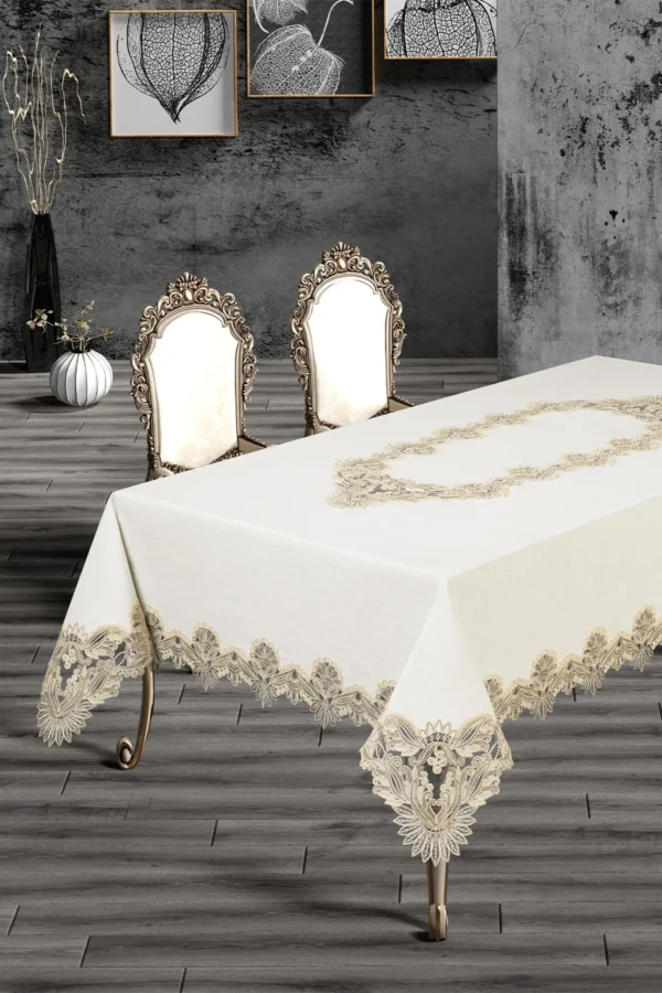 French Lace Beige Linen Tablecloth