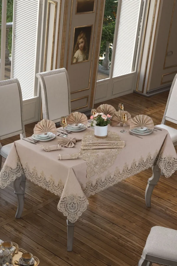 Beige Linen Tablecloth Set 18 Pieces – 8-Person Elegance and Sophistication - Image 3