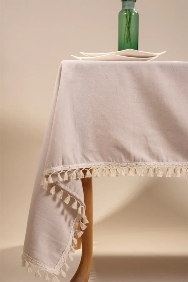 Beige Cotton Pom-Pom Tablecloth