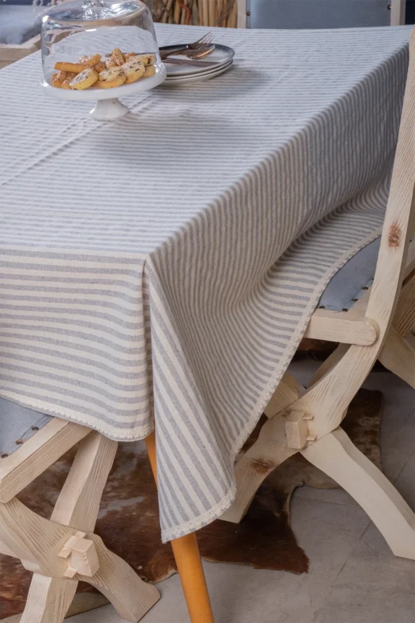 Lace Gray Striped Linen Tablecloth