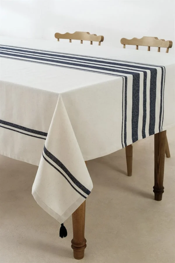 Navy Blue Striped Tablecloth - Image 2
