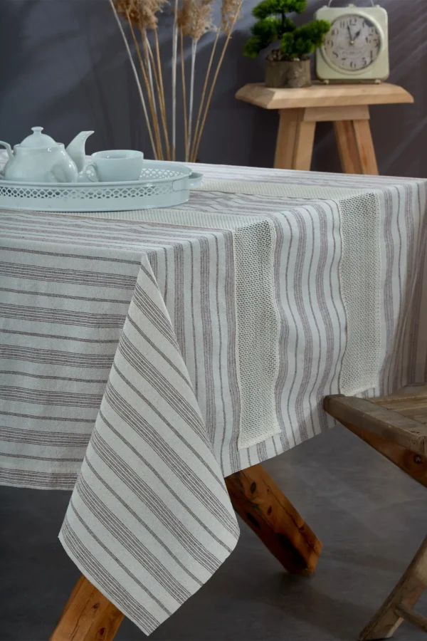 Washed Cotton Striped Lace Tablecloth